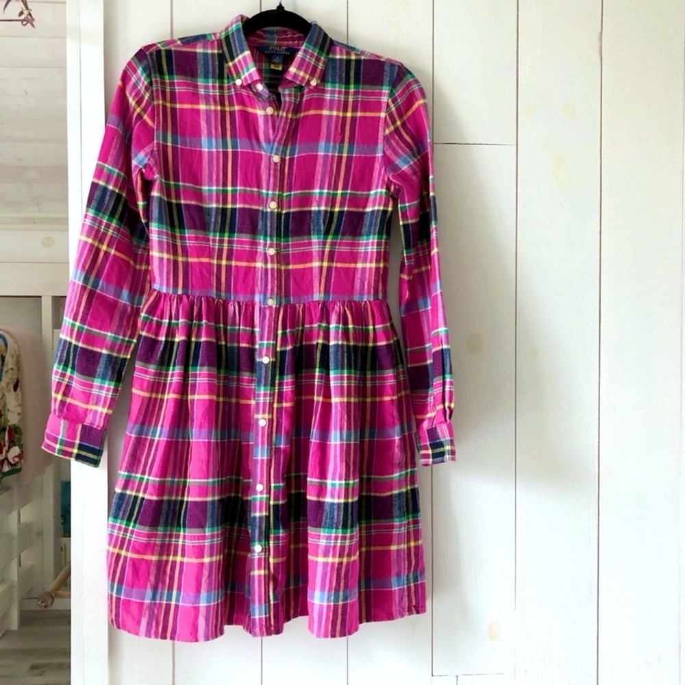 Polo Ralph Lauren Preppy Pink Plaid Button-Up Cotton Dress Girl’s Size 16 - Picture 6 of 13